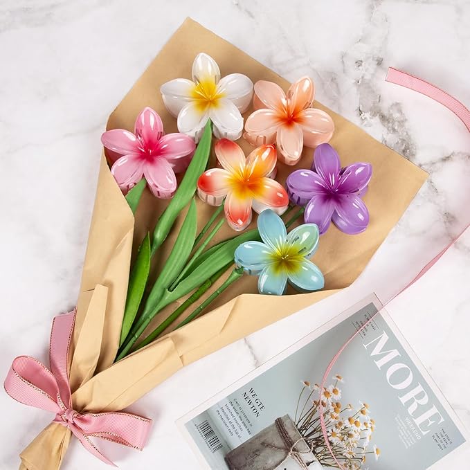 6 Pack Hawaiian Flower Hair Claw Clips for Women, Hibiscus Floral Claw Clips for Thick or Thin Hair, Cute Summer Accessories