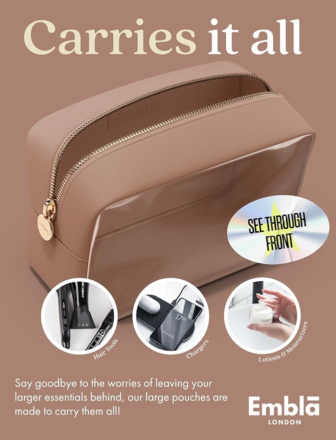 Embla Clear Large Makeup Bag Cute Big Make Up Nylon Pouches Travel Bathroom Bags for Toiletries XL Cosmetic Pouch for Women Girls Extra Large Zipper Toiletry Skincare Organizer Brown