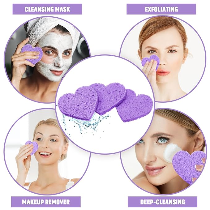 Nuenen 60 Pieces Facial Sponges with Container, Heart Shape Compressed Face Sponges Natural Cleaning Pads for Washing Face Cleaning Exfoliating Esthetician Makeup Removal(Purple)