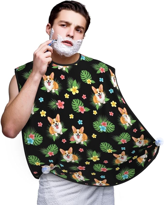 Professional Beard Bib, Non-Stick Hair Catcher Apron Waterproof, Shaving Grooming Essential for Men Dad, Cute Corgi Dog Tropical Leaves Peony Flowers Shave Bib