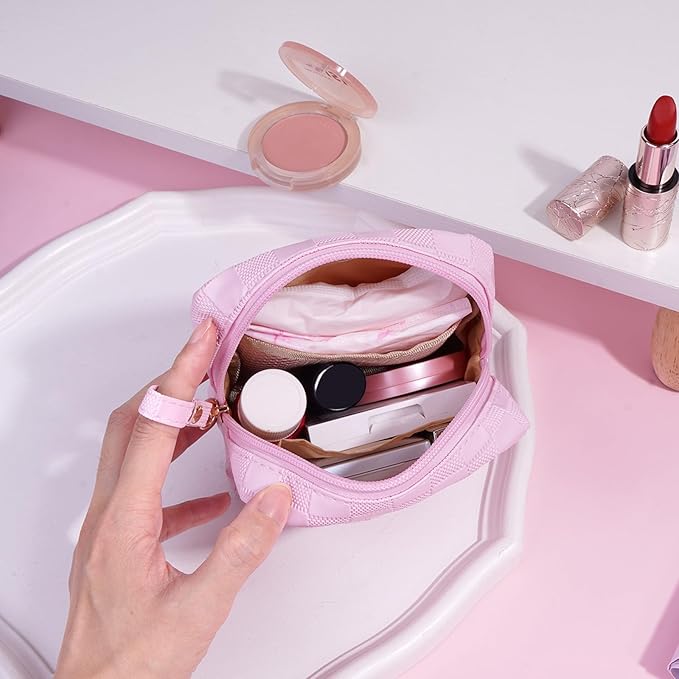 MAGEFY Small Makeup Bag for Purse, Checkered Makeup Bag Small Pouches for purse Leather Mini Make Up Bag Cute Cosmetic Bag for Women with Slip-in Pockets,Pink