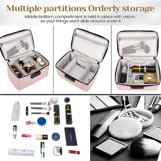 Portable makeup box with Lock, Large Capacity Travel Makeup Case Organizer, Makeup Bags for Girls Traveling With Handle and Divider Makeup Bag (Pink)