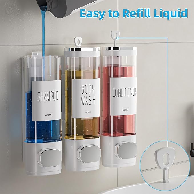 VITVITI Shampoo and Conditioner Dispenser for Shower Wall, Shower Soap Dispenser 3 Chamber No Drill Wall Mounted, 10.2 OZ Plastic Refillable Shower/Body Wash Bottles for Bathroom (White)