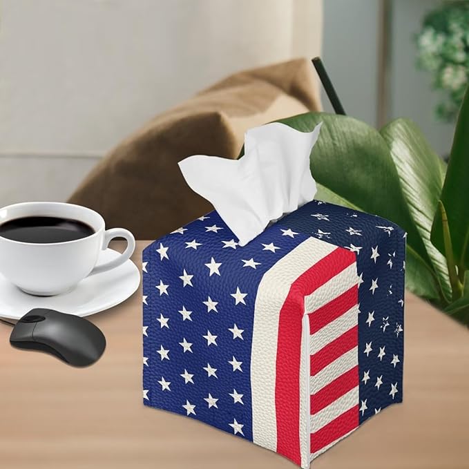 American Flag Tissue Box Holder Stylish Leather Square Tissue Box Cover with Top Handle Waterproof Napkin Case Holder Home Office Bathroom Decor