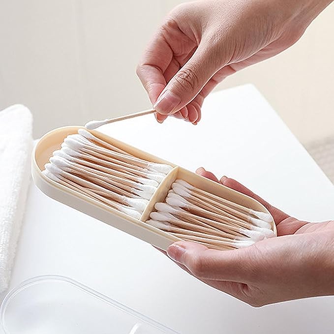 2 Pack Travel Cotton Swab Qtip Holder,Plastic Container Dispenser Box with 2 Silicone Rubber Bands, Portable Cotton Swab Makeup Pads Storage Box with Lid (White, Beige)