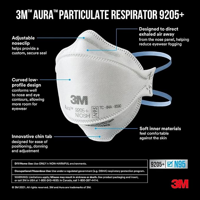 3M Aura Particulate Respirator 9205+ N95, Lightweight, 3 Panel Designed Helps Provide Comfortable and Convenient Respiratory Protection, 3-Pack