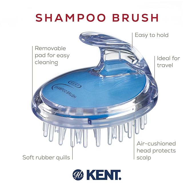 KENT SH1 BLU Scalp Scrubber Hair Brush & Scalp Exfoliator with 42 Soft Rubber Bristles for Distributing Shampoo and Conditioner, Shower Scalp Massage Tool