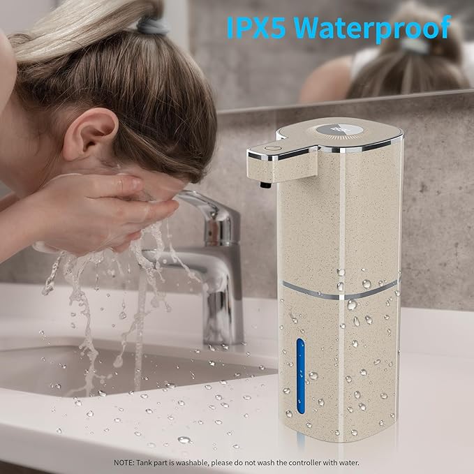 Automatic Foaming Soap Dispenser, Touchless Rechargeable Hand Soap Dispenser, 4 Adjustable Levels, 1200mAh Battery, Large Display, for Kitchen & Bathroom (Light Khaki, Foaming)