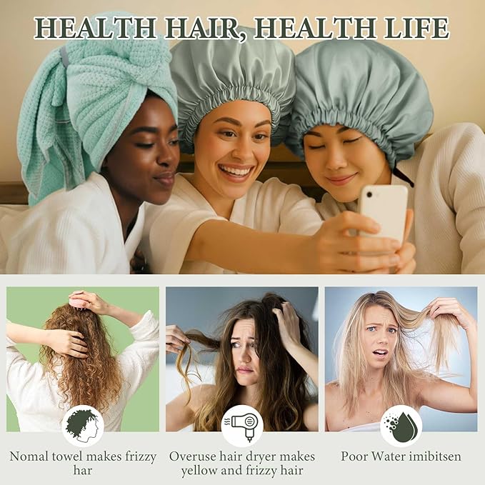4 Pcs Microfiber Drying Hair Wrap Towels Reusable Waterproof Shower Cap with Elastic Band Adjustable Silk Hair Bonnet for Sleeping with Scrunchie for Women Christmas Favor Gifts(Green)