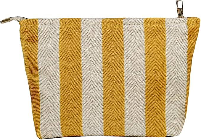 Yellow Striped Makeup Bag for Women, Canvas Cosmetic Bag, Travel Pouch for Purse, Zipper Makeup Pouch, Perfect for Storing Makeup Accessories, Daily Make up Organizer Gifting, Car Cosmetic Organizer