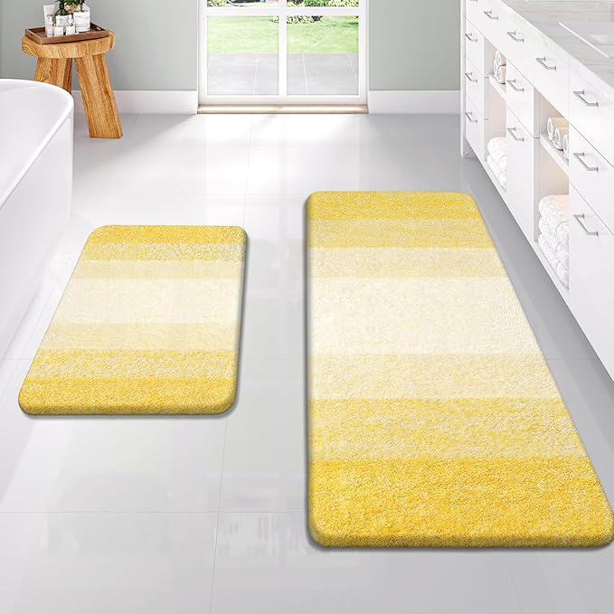 OLANLY Bathroom Rug Set 2 Piece, Soft Absorbent Microfiber Bath Rug Set, Non-Slip, Machine Wash Dry, Plush Shaggy Bath Mats for Bathroom (47"x20"+24"x16", Yellow)