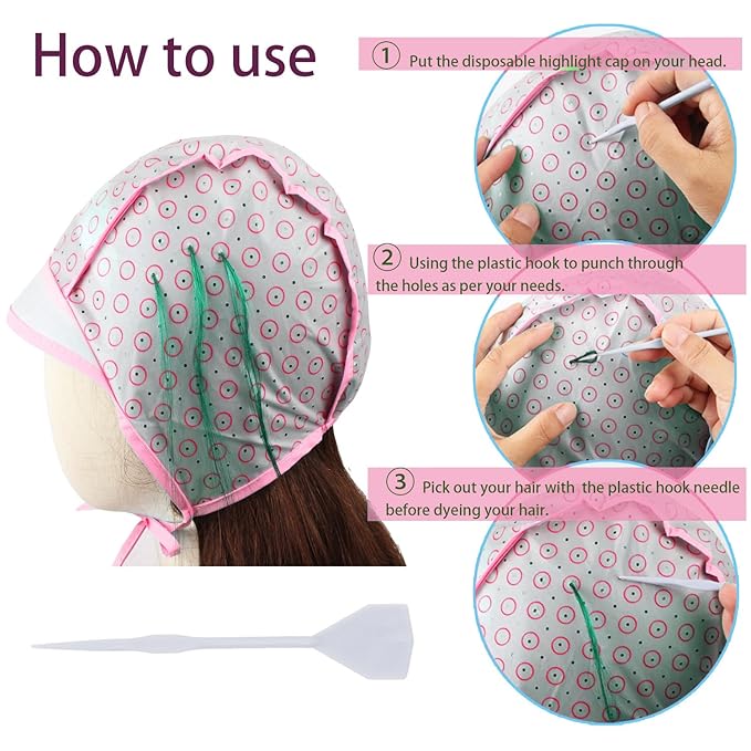 Hair Highlighting Cap, Pink Hair Coloring Frosting Dye Kit with Plastic Crochet Hook for Salon DIY Hair Dyeing Hairdressing