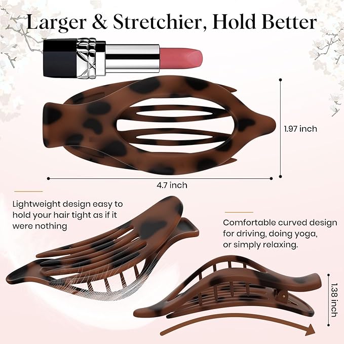 6 PCS Large Flat Hair Clips for Women, French Concord Lay Down Flat Claw Clips for Thick Thin Hair, Comfortable Curved Hair Clip, Matte Non-slip Strong Hold Hair Accessories, Tortoise & Black