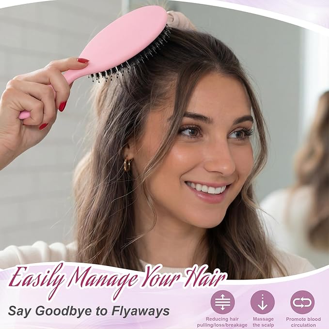 2 Pcs Pink Boar Bristle Hair Brush Set Full-size and Travel Size Soft Boars Hairbrushes Natural Bristle Detangling Brush for Women Men Thick Curly Hair Detangling Soften Silky Shine