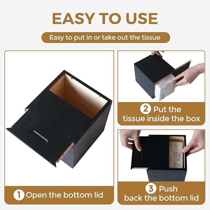 Wood Tissue Box Cover Square, Black Tissue Box Cover, Decorative Cube Facial Wooden Tissue Box Holder with Slide-Out Bottom for Bathroom, Bedroom, Dinner Table, Office, Kitchen