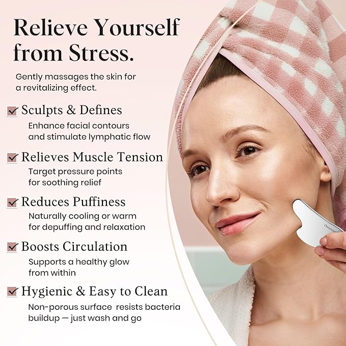 Stainless Steel Gua Sha Facial Tools, Lymphatic Drainage Massager for Face, Face Sculpting & Jawline Shaper, Puffiness Reducing, Neck Body Guasha Tool, Skin Care Gift for Women Men with Pouch
