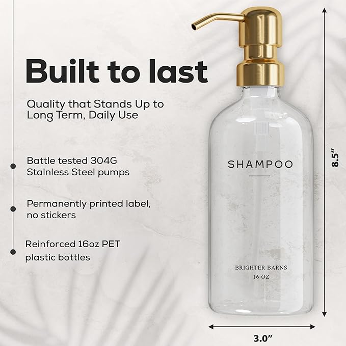 Luxury Shampoo and Conditioner Dispenser Set by Brighter Barns - Shampoo Conditioner Body Wash Dispenser - Refillable Plastic Shower Bottles for Gold Bathroom Decor, Airbnb, Spa, Hotel (Clear/Gold)