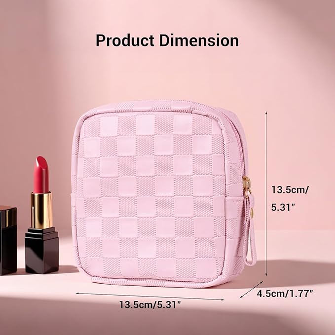 MAGEFY Small Makeup Bag for Purse, Checkered Makeup Bag Small Pouches for purse Leather Mini Make Up Bag Cute Cosmetic Bag for Women with Slip-in Pockets,Pink