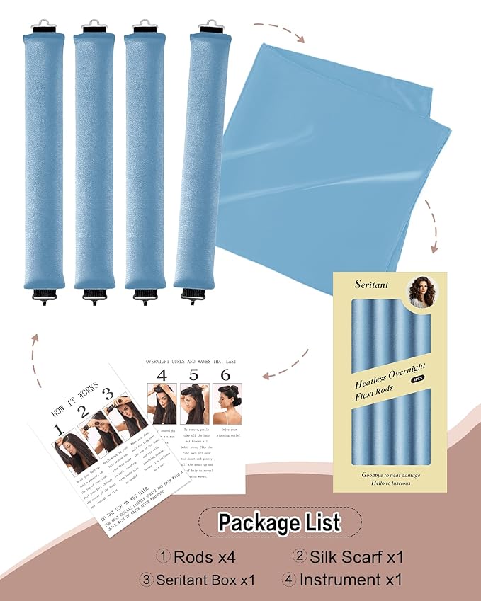 Heatless Curls Overnight with Satin Head Scarf, Velvet Hair Rollers for Blowout Look, No Heat Curling Rod for Long Thick Hair, Soft Sleep In Flexi Rods