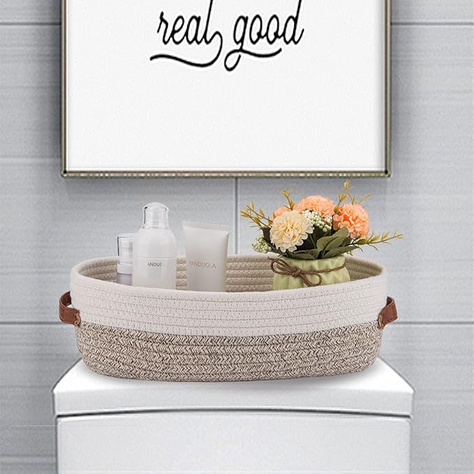 2 Pack Woven Storage Basket for Toilet Tank Top,Farmhouse Home Decor Organizing Basket for Bathroom,Table and Counter 13"x5.9"x4" Apricot Stitching White