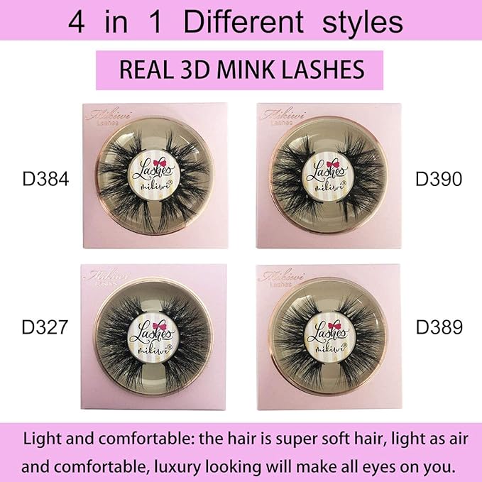 Mikiwi 3D Mink Lashes, 4 Styles Mink Eyelashes, Dramatic Eyelashes, Strip Lashes, 5D Mink Lashes, Pack-4