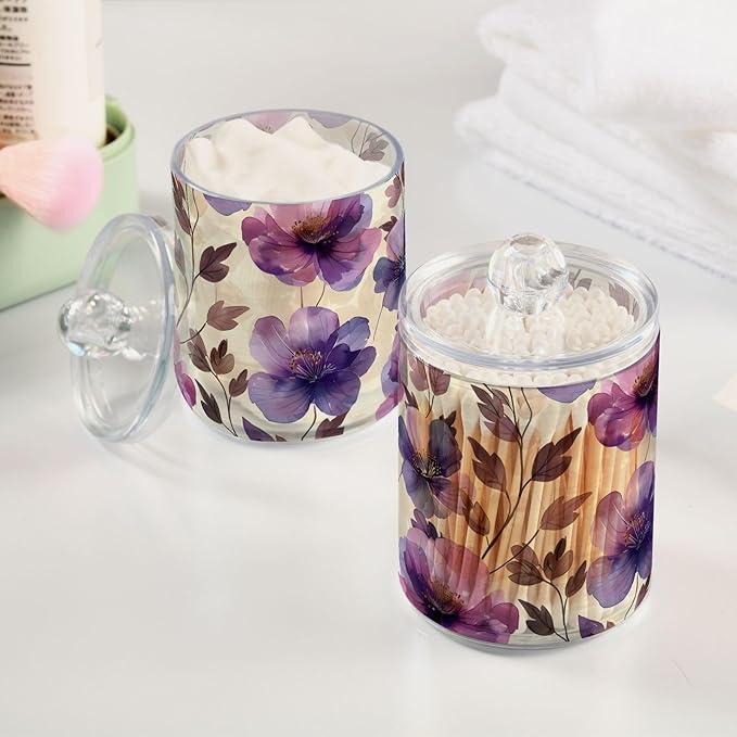 ALAZA 2 Pack Qtip Holder Dispenser for Cotton Ball Purple Tulip Flower Beige Swab Cotton Round Pads Clear Plastic Acrylic Jar Set Bathroom Canister