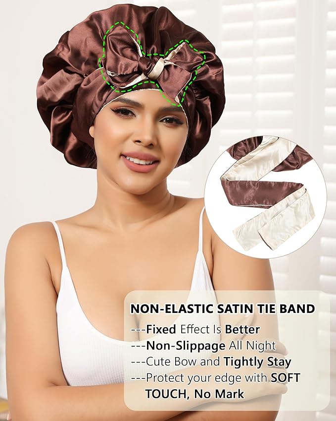 Satin Bonnet Silk Hair Bonnets for Women Curly Hair Wrap Night Cap Double Layer Sleep Cap Reversible with Tie Band (Brown + Champagne)