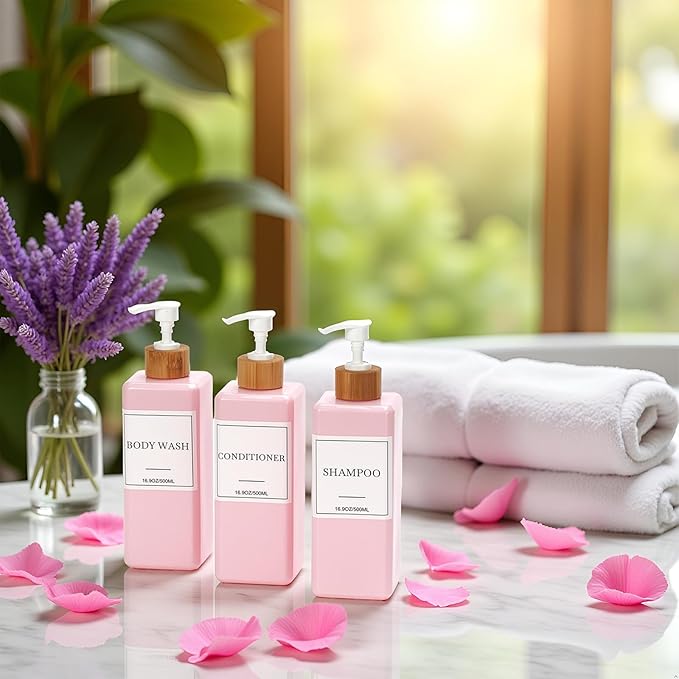 Shampoo and Conditioner Dispenser for Shower, Refillable Shampoo and Conditioner Bottles Body Wash Dispenser with Waterproof Labels, 3PCS Soap Dispenser Bathroom Pink White Empty Pump Bottle