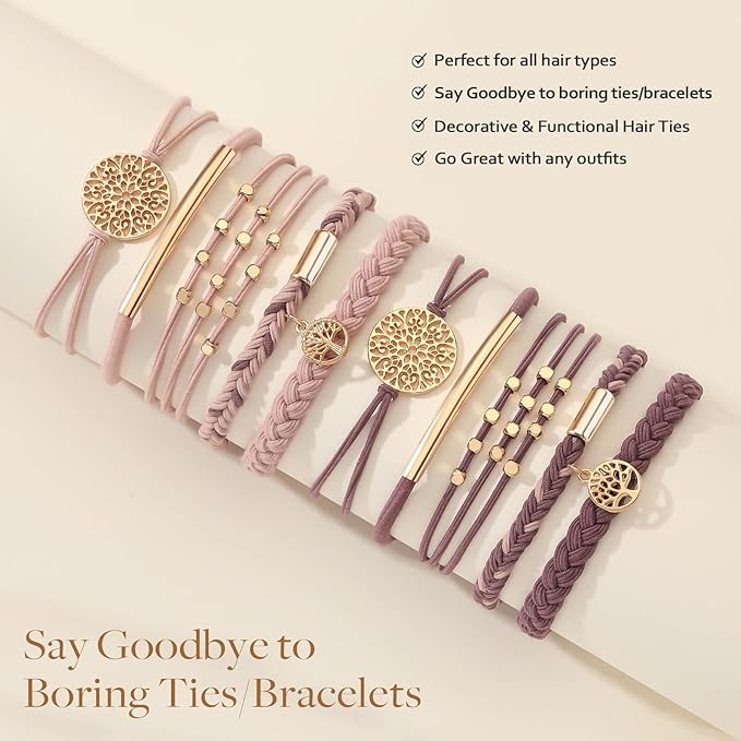 10 PCS Boho Hair Ties - No-Damage, Stretch Bracelets for Thick & Thin Hair, 5 Styles, Pink