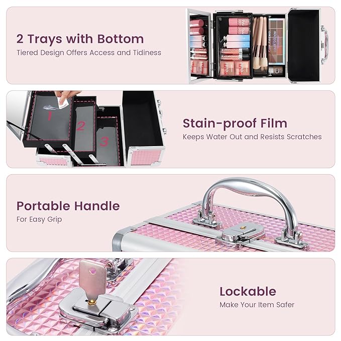 FRENESSA Makeup Train Case Makeup Box Organizer Portable Cosmetic Travel Case Makeup Case with Mirror Locking Make Up Cases Organizers and Storage for Nail Supplies Hard Cosmetic Box Shiny Pink