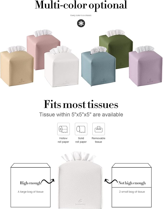 Tissue Box Cover, Jeethemy Square PU Leather Tissue Box Holder, Modern Tissue Case Facial Paper Organizer Dispenser，5X5X5'',Single White