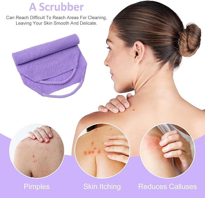 4PCS Exfoliating Back Scrubber with Handles, Nylon Double-Sided Exfoliator Extended Length Stretchable Body Exfoliating Washcloth Pull Strap Back Washer for Women Men