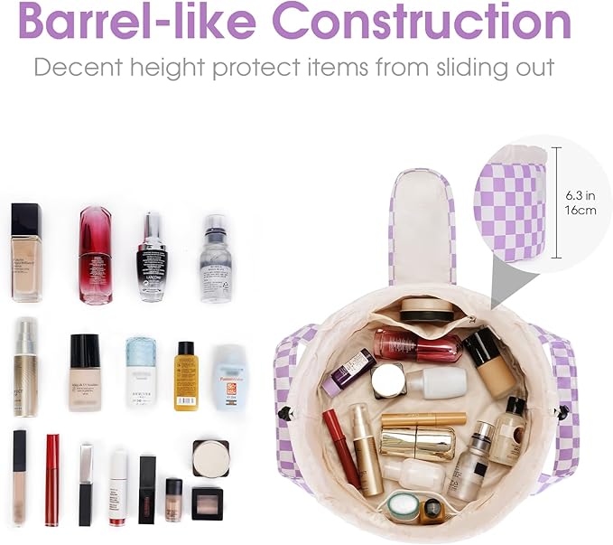 Narwey Barrel Drawstring Checkered Makeup Bag Large Cosmetic Bag Make up Bags Toiletry Bag Travel Bags for Toiletries Organizer for Women Gift for Teen Girls (Purple Checkerboard) (Patent)