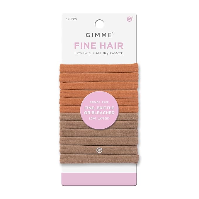 Gimme Beauty Fine Hair Elastic Bands - Slim-Fit Elastic Ties for Fine, Brittle, or Bleached Hair - No-Dent, Gentle-Grip Ponytail Holders for All-Day Comfort - 12 Pack, Brown/Tan