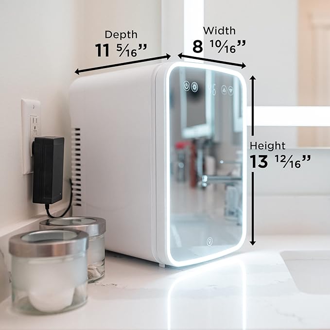 Danby DBMR02624WD43 7.4L Mini Fridge with Mirror & Light in White LED light digital display touch activated 7.4 L / 0.26 cu.ft. capacity