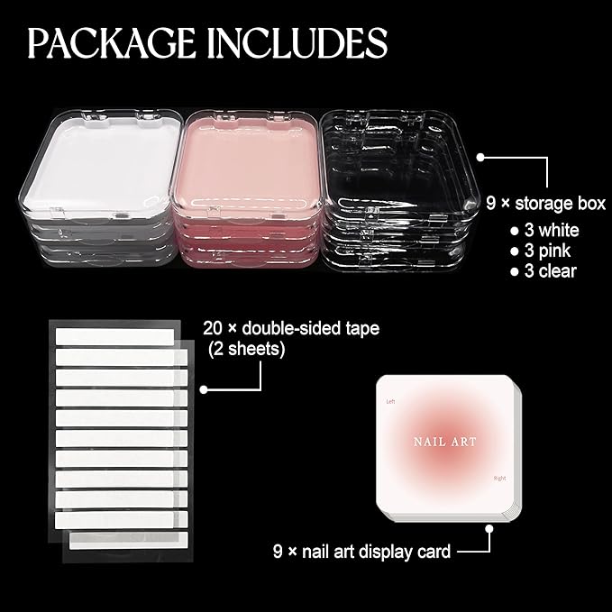 9 Pcs Press On Nail Storage Box in 3 Colors, Acrylic Fake Nail Case with 9 Display Cards and 2 Sheets of Double-Sided Adhesive Tape (20 Strips) for Nail Art Home Salon Packaging Use