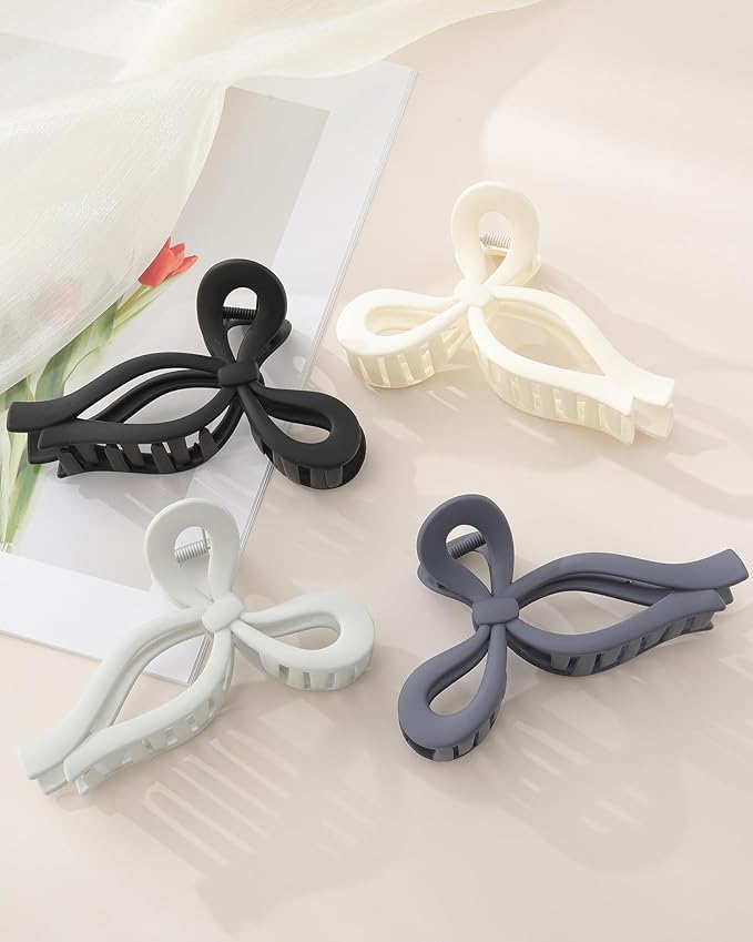 4 PCS Bow Hair Clips Bow Claw Clip for Women Nonslip Large Hair Claw Clips for Thin and Thick Hair Strong Hold Hair Bows (Purple+Rose red+Orange+Light brown)