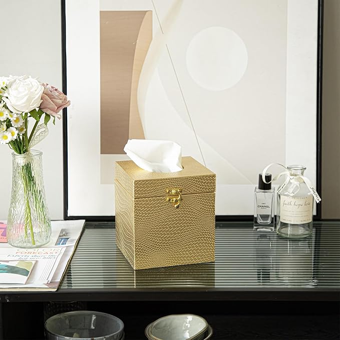 Gold Tissue Box Cover, Elegant Square Tissue Box Holder for Bathroom, Bedroom, and Office, Modern Decorative Tissue Box for Home Décor