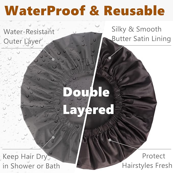 Adjustable Shower Caps for Men Women Reusable Waterproof Satin Lining Large Shower Cap for Long Hair Braids Curly Hair (L,Black/Black)