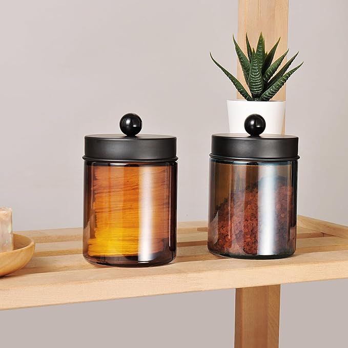 Amolliar Amber Glass Qtip Holder, Apothecary Jars with Matte Black Metal Lid & Stickers-Bathroom Qtip Dispenser Storage Organizer Set,Vanity Counter Canister for Cotton Swabs,Round Pads,Floss (2 Pack)
