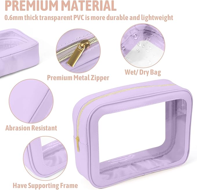 3PCS Clear Toiletry Bag,TSA Approved Travel Pouch with Zipper for Cosmetics and Toiletries，Diaper Bag Organizer Pouch Set, Purse Organizer and Clear Car Bag for Women and Kids