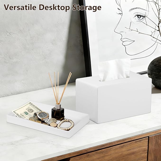 Fanousy Large Tissue Box Cover Rectangle with Tray on Top, PU Leather Facial Tissue Holder with Storage, Fits 230-Count Family Size Kleenex, Modern Nightstand Organizer for Bathroom Office Home Decor