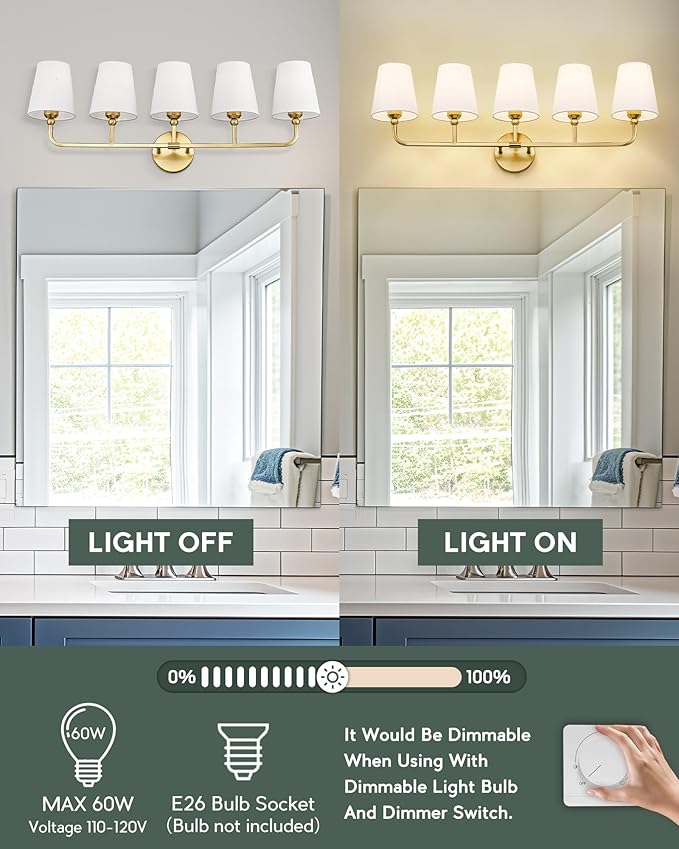 Bathroom Light Fixtures, 5 Light Brushed Gold Vanity Lights with Flared White Fabric Shade, 35 Inch Wall Sconce, Modern Sconces Wall Lighting for Hallway Bedroom, VL837-BG-5