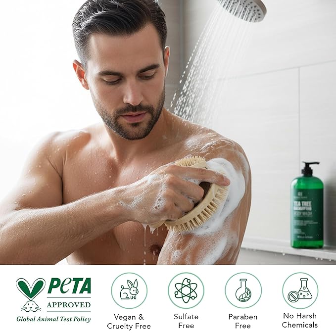 Botanic Hearth Tea Tree Eucalyptus Body Wash with Silicone Dual-Sided Design Body Brush & Scrubber | Infused with 100% Pure Tea Tree Oil, Coconut, Jojoba|Foot & Body Cleanser |Paraben Free |16 fl oz