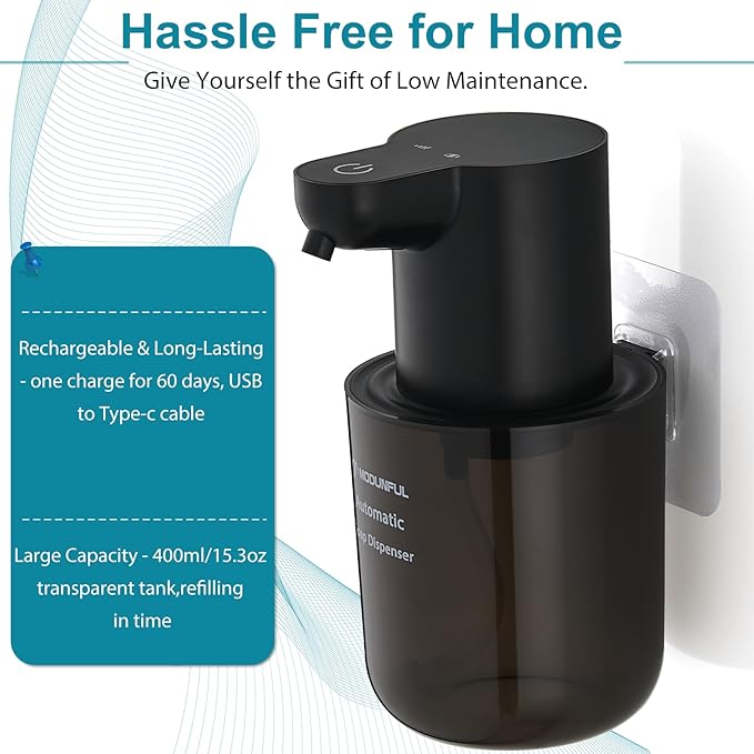 Automatic Foaming Soap Dispenser for Bathroom: 4-Level Adjustable Countertop/Wall Mount Hand Soap Dispenser, 13.5oz/400ml Type-C Rechargeable – Suitable for Kitchen, Bathroom, Office, Hotel (Black)