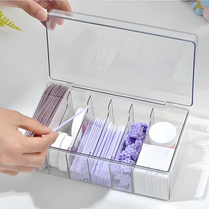 2 Pack Lash Extension Organizer, Clear Eyelash Cart Storage Boxes with 6 Compartments, Separated Large Capacity Eyelash Extension Supplies Storage Container for Lash Techs