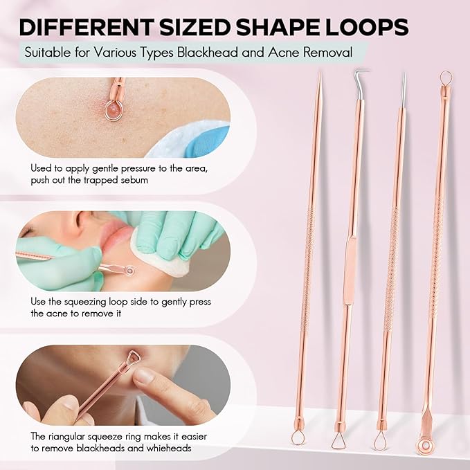 FEITA Blackhead Remover Pimple Comedone Extractor Tool, Stainless Acne Tools Pimple Popper Removal Kit, Zit Whitehead Popping Needle for Nose & Face, Rose Gold 4Pcs