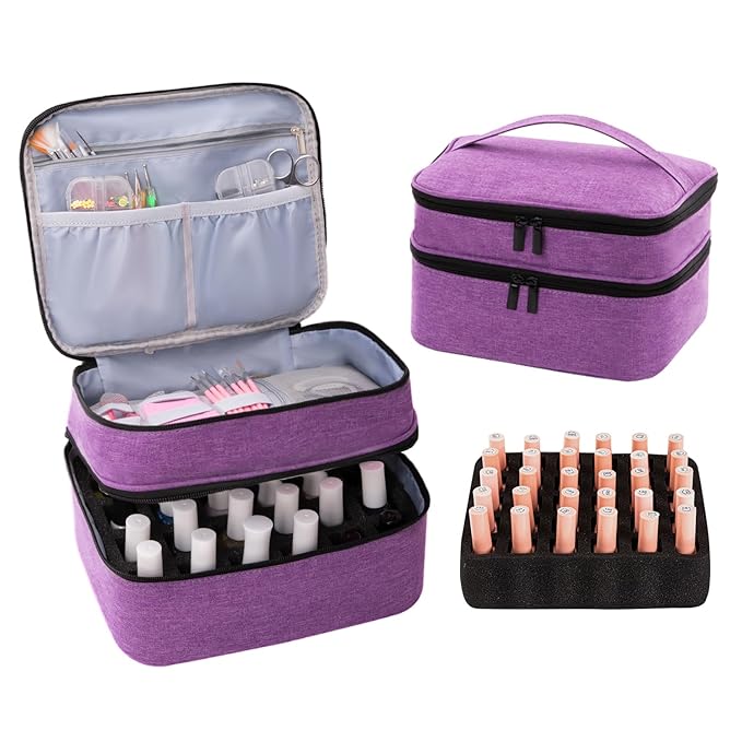 Travel Nail Polish Organizer Double Layer Carrying Case for Fingernail Polish, Holds 30 Bottles (15ml) with Dividers Portable Large Storage Case for Gel Nail Polish, purple (BAG ONLY)