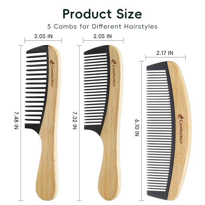 Natural Bamboo Comb for Detangling, Durable Bakelite Infused Anti Static Fine tooth Comb for Curly, Thick, Think Hair & Beard, Eco-Friendly Hair Comb for Women,Men