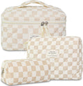 3Pcs Makeup Bag Cotton Quilted Travel Cosmetic Bag Cute Floral Makeup Pouch Large Toiletry Bag for Women Girls